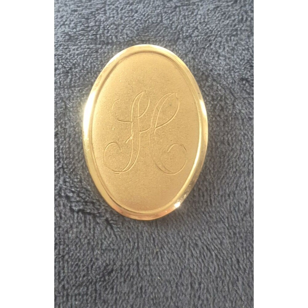 Vtg Gold Tone Initial H Monogram Brooch Pin Oval Signet Script 1960s Retro